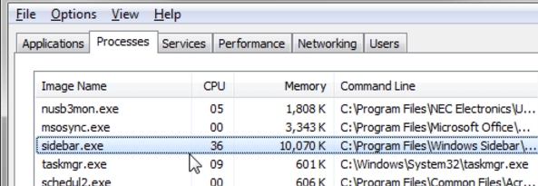 Processes tab of the Task Manger showing up sidebar.exe