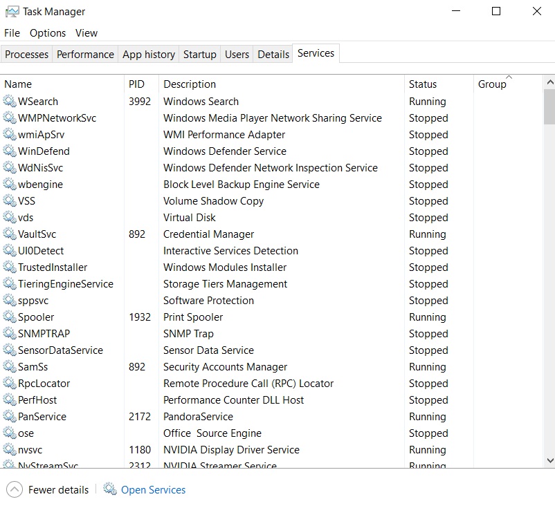 Services tab of Task Manager