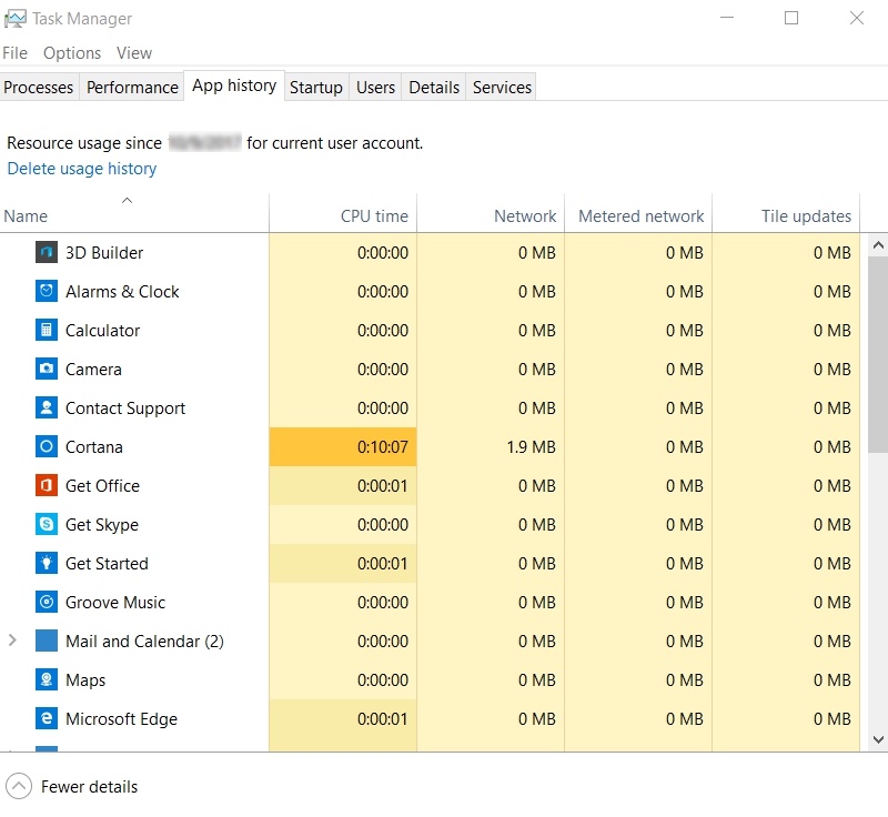 App history tab of Task Manager