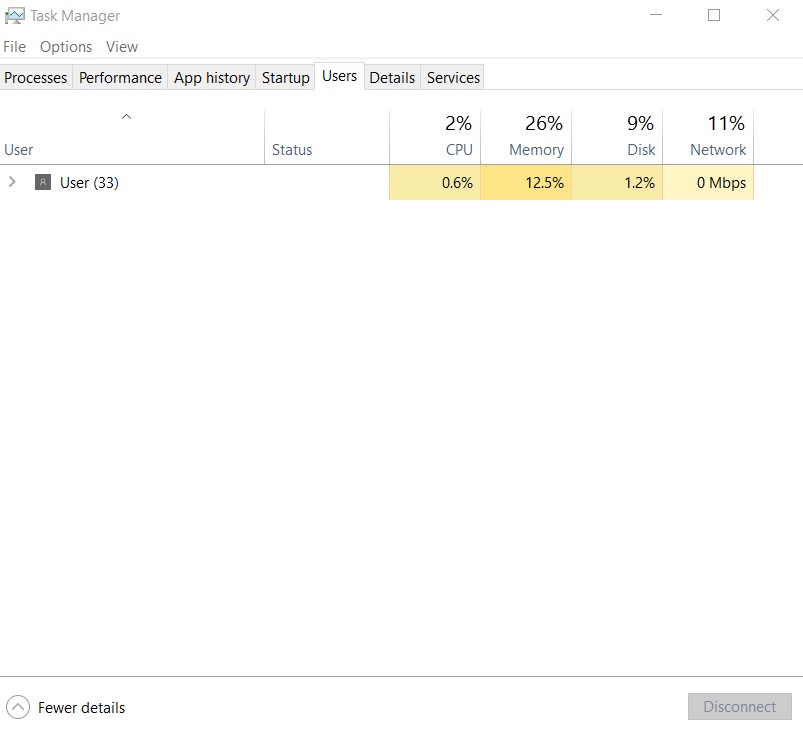 Users tab of Task Manager