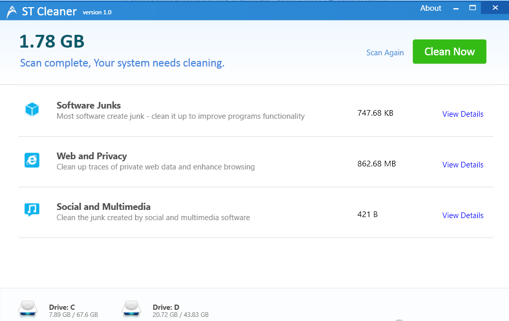 ST Cleaner showing scan results